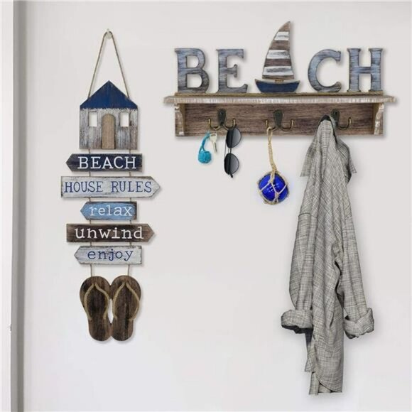 Nautical Beach Wall Decor Flip Flop Sign Coastal Bathroom Hanging Plaque - Picture 4 of 7